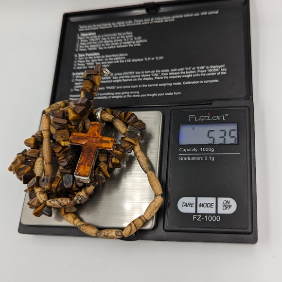 Amber Cross Sterling Silver On Tiger's Eye Chips & Jasper Bead Necklace Vintage - Picture 14 of 15